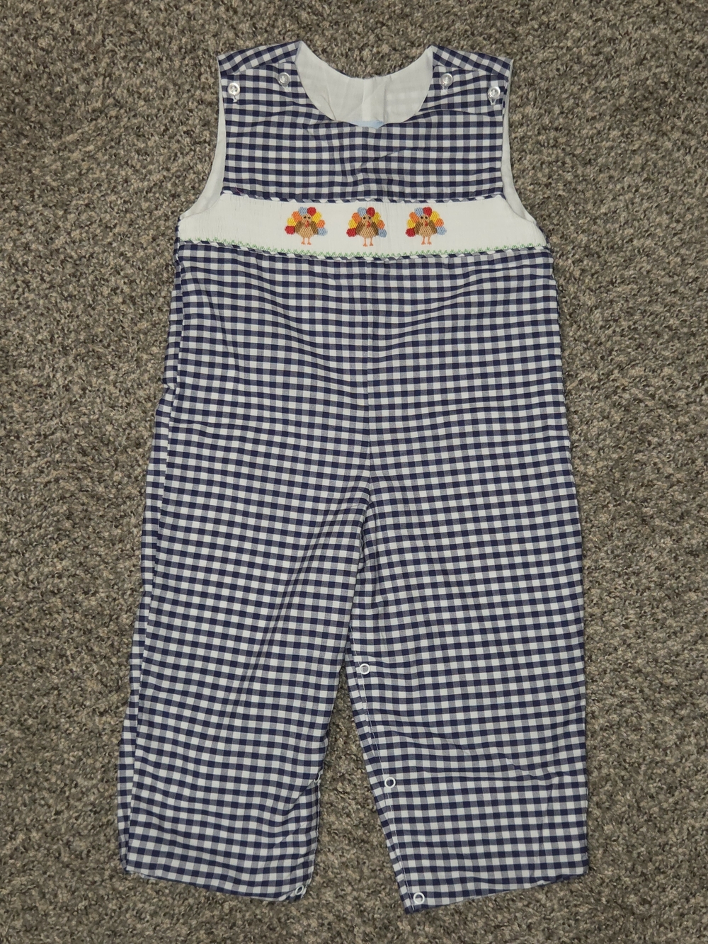 Blue Gingham Toddler Sleeveless Romper with Turkey Embroidery